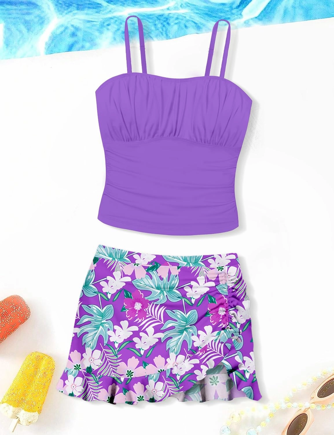 Girls Tankini Swimsuits Two Piece Tropical Print Pleated Bathing Suit with Ruffle Drawstring Skirt Swimwear 9-16T
