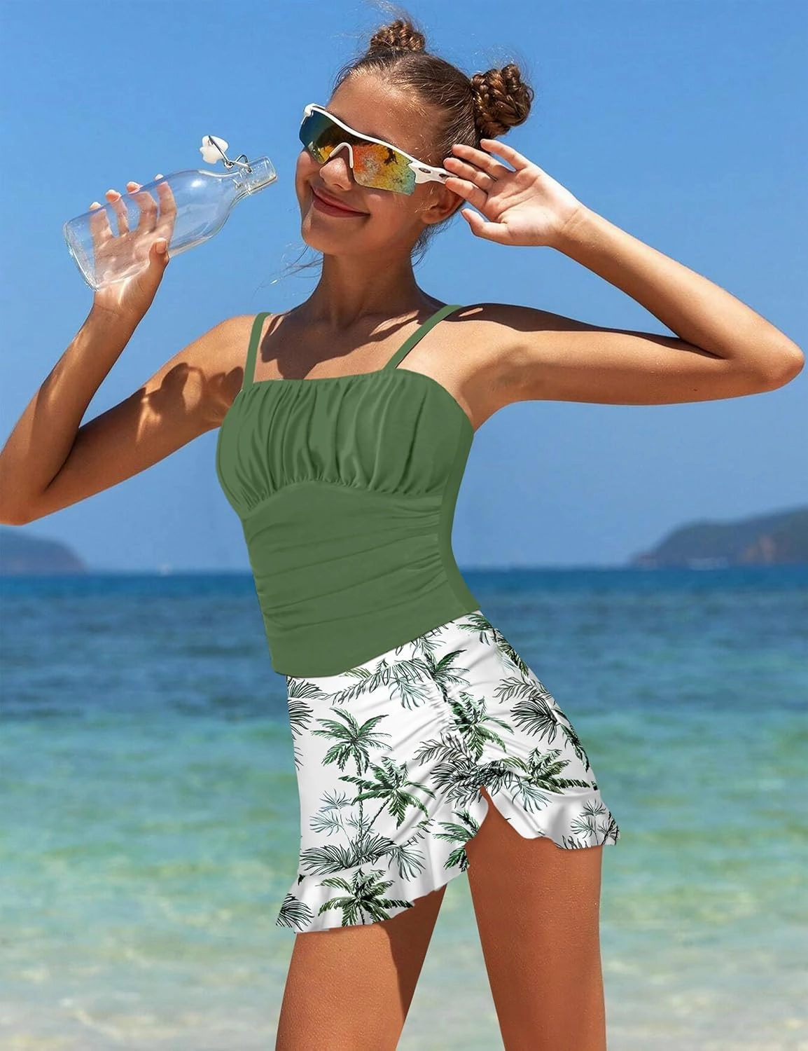 Girls Tankini Swimsuits Two Piece Tropical Print Pleated Bathing Suit with Ruffle Drawstring Skirt Swimwear 9-16T