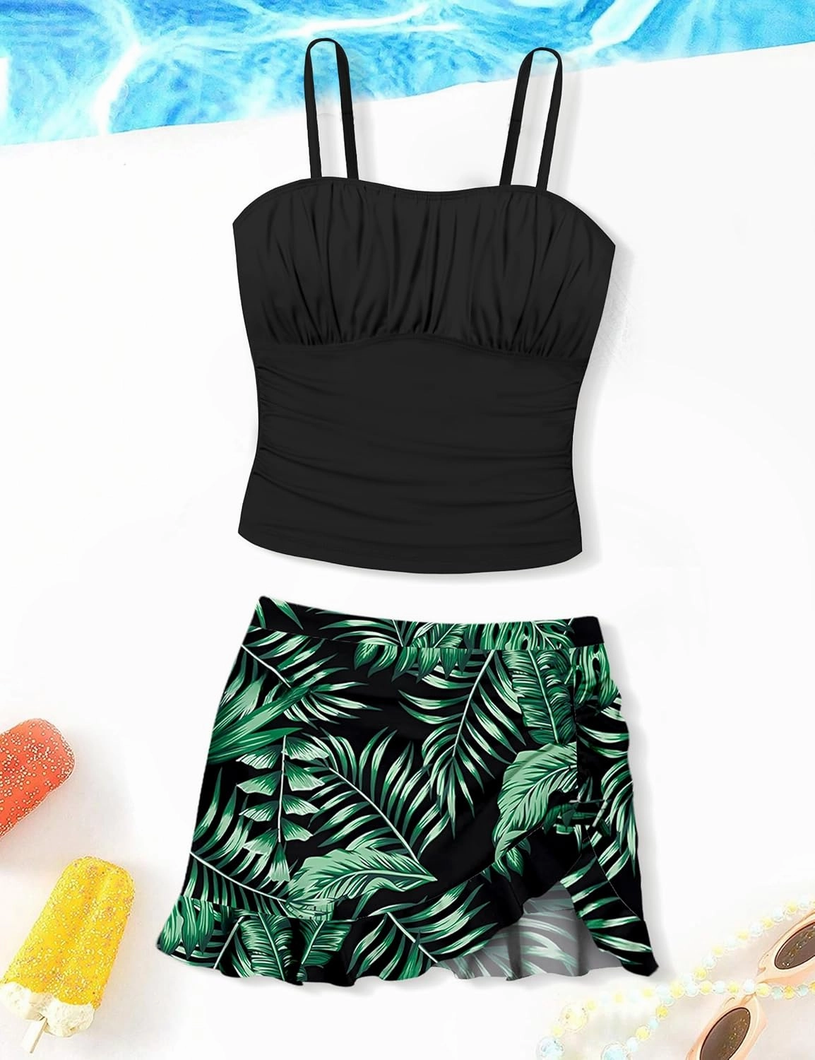 Girls Tankini Swimsuits Two Piece Tropical Print Pleated Bathing Suit with Ruffle Drawstring Skirt Swimwear 9-16T
