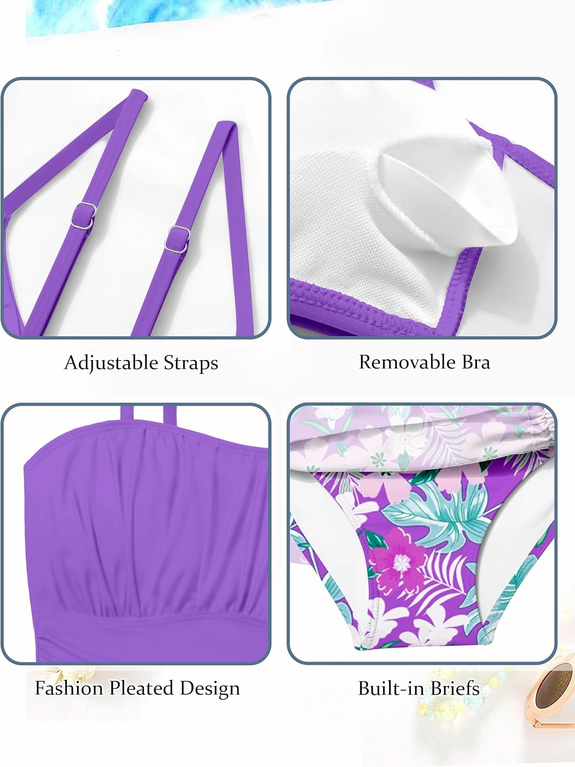 Girls Tankini Swimsuits Two Piece Tropical Print Pleated Bathing Suit with Ruffle Drawstring Skirt Swimwear 9-16T