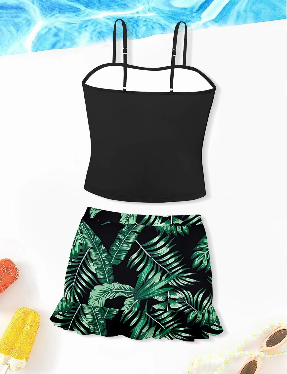 Girls Tankini Swimsuits Two Piece Tropical Print Pleated Bathing Suit with Ruffle Drawstring Skirt Swimwear 9-16T