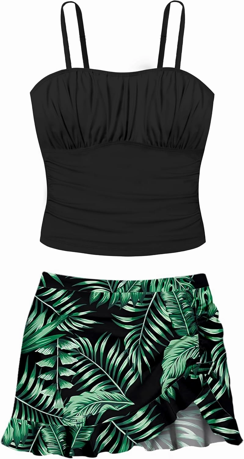 Girls Tankini Swimsuits Two Piece Tropical Print Pleated Bathing Suit with Ruffle Drawstring Skirt Swimwear 9-16T