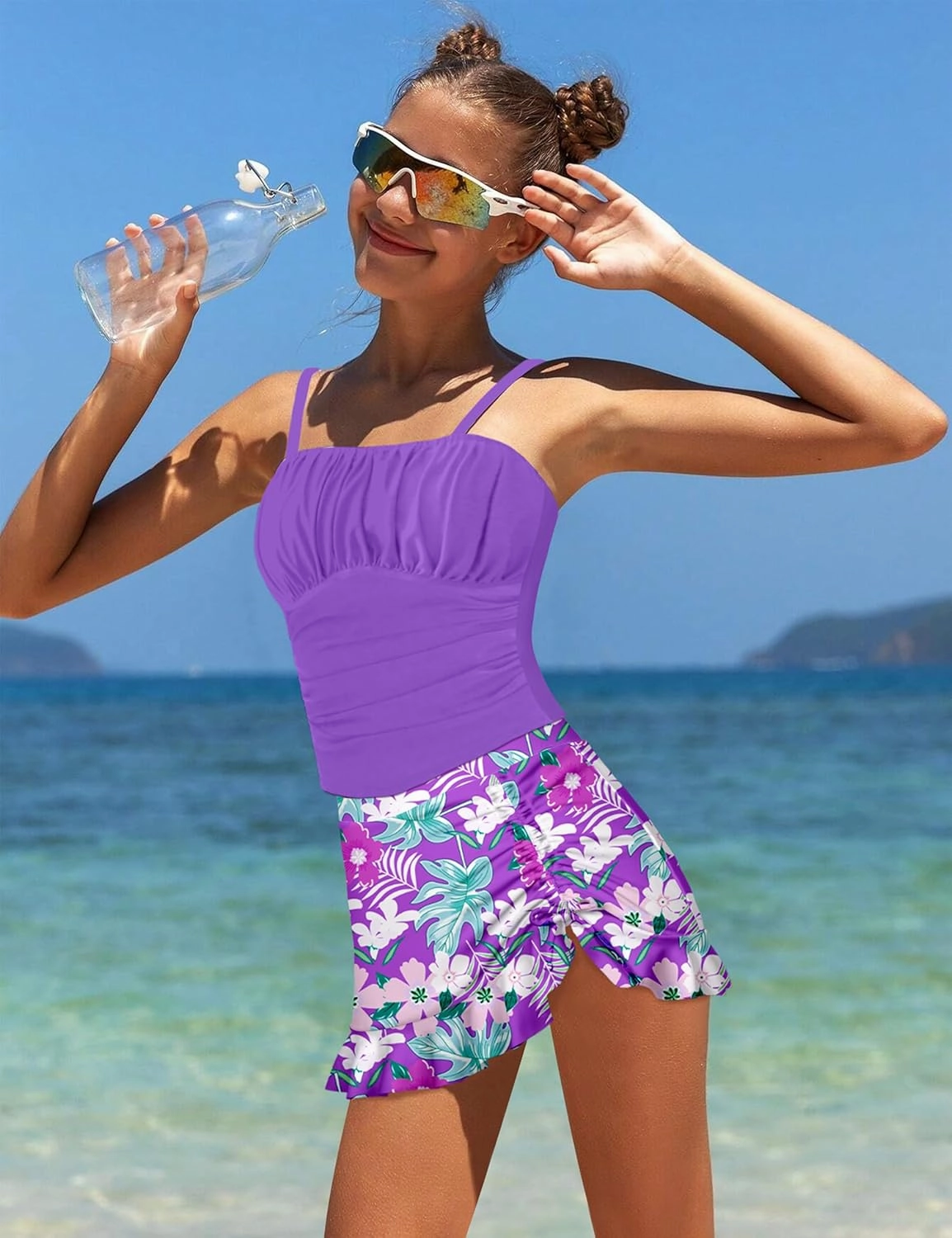 Girls Tankini Swimsuits Two Piece Tropical Print Pleated Bathing Suit with Ruffle Drawstring Skirt Swimwear 9-16T