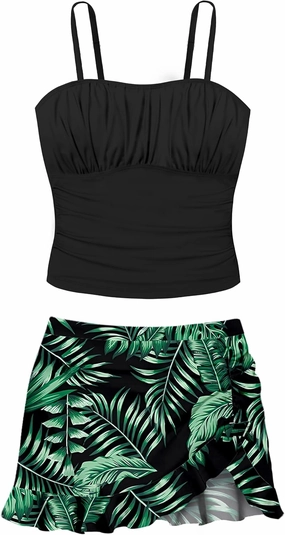 Girls Tankini Swimsuits Two Piece Tropical Print Pleated Bathing Suit with Ruffle Drawstring Skirt Swimwear 9-16T