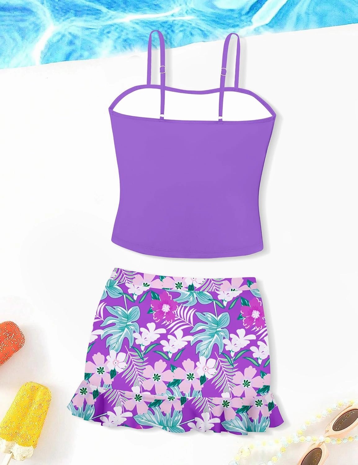 Girls Tankini Swimsuits Two Piece Tropical Print Pleated Bathing Suit with Ruffle Drawstring Skirt Swimwear 9-16T