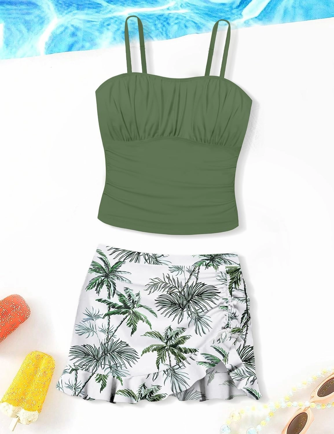 Girls Tankini Swimsuits Two Piece Tropical Print Pleated Bathing Suit with Ruffle Drawstring Skirt Swimwear 9-16T