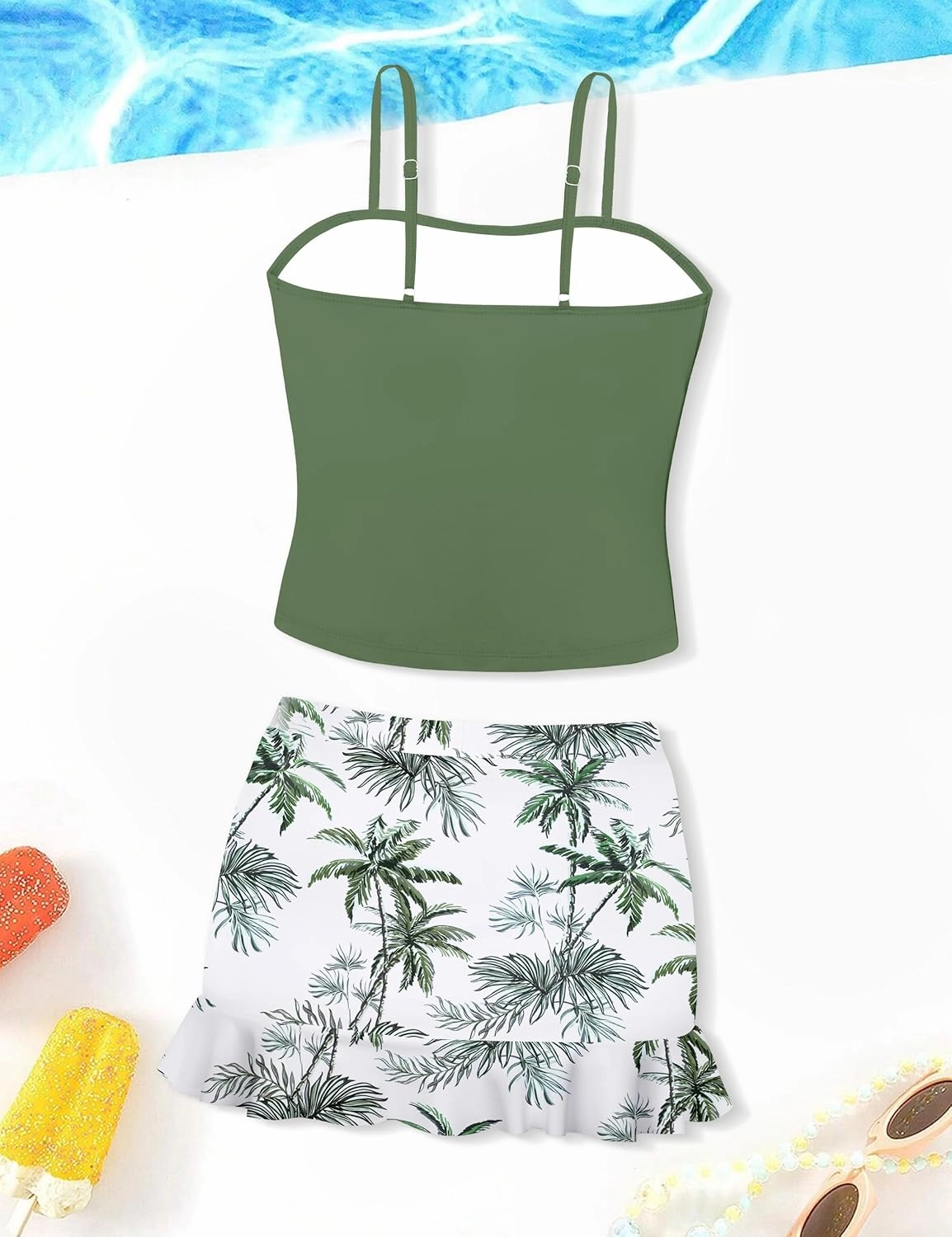 Girls Tankini Swimsuits Two Piece Tropical Print Pleated Bathing Suit with Ruffle Drawstring Skirt Swimwear 9-16T