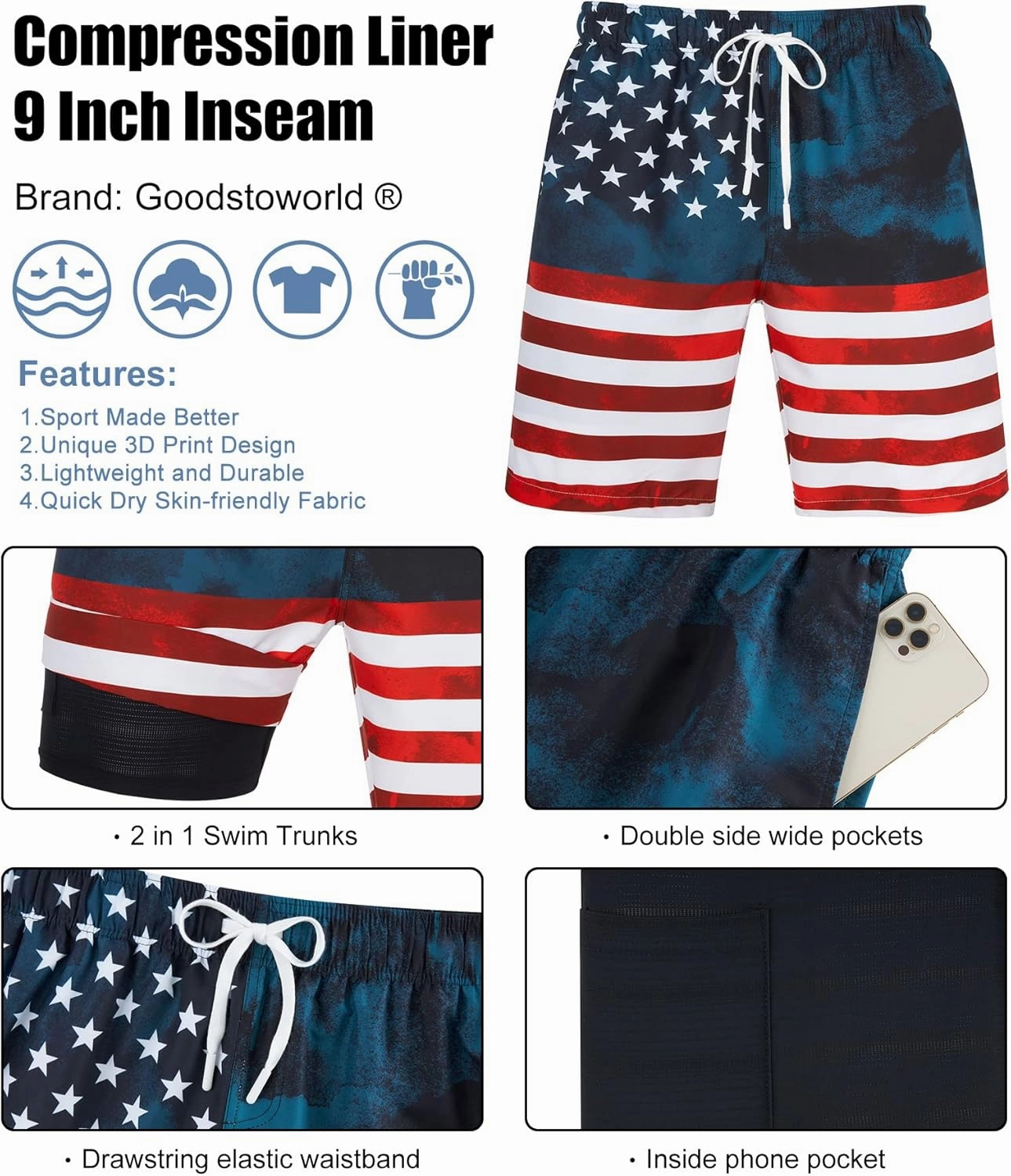 Goodstoworld Men's Funny Swim Trunks with Compression Liner 2 in 1 Quick-Dry 9" Stretch Shorts with Three Pockets