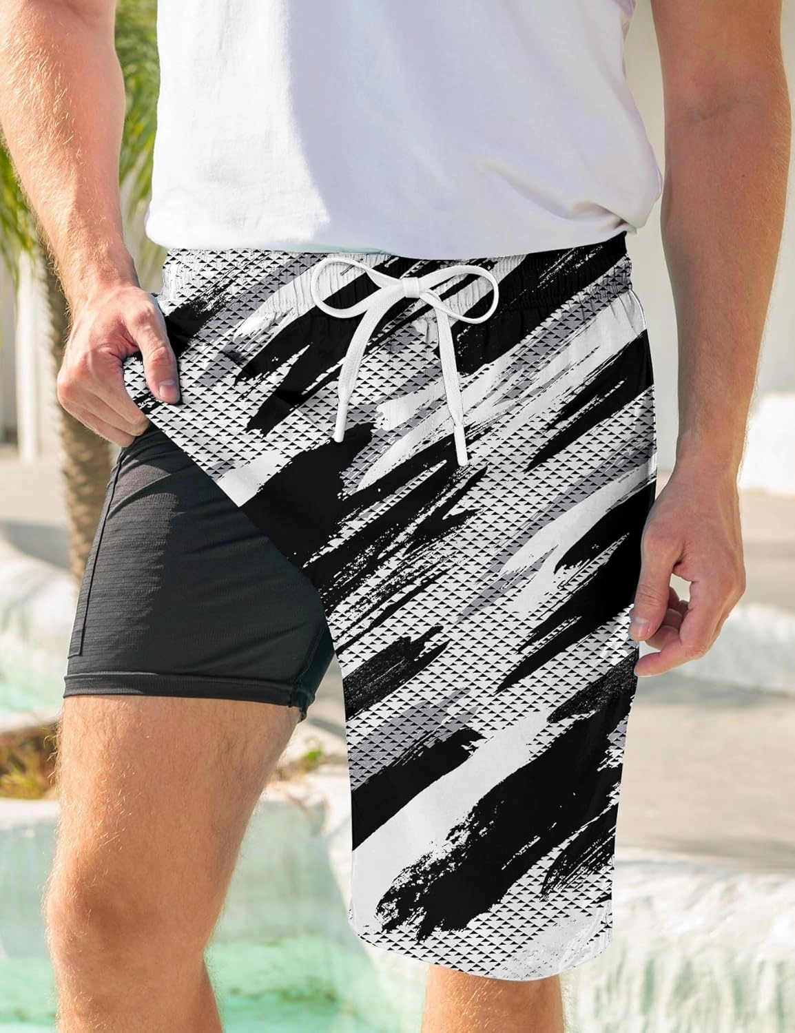 Goodstoworld Men's Funny Swim Trunks with Compression Liner 2 in 1 Quick-Dry 9" Stretch Shorts with Three Pockets