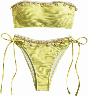 GORGLITTER Women's Shell Bikini Strapless Bandeau Swimsuit Drawstring High Cut Bathing Suits