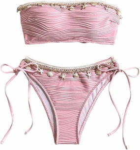 GORGLITTER Women's Shell Bikini Strapless Bandeau Swimsuit Drawstring High Cut Bathing Suits
