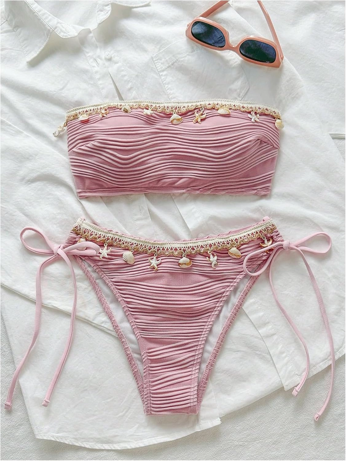 GORGLITTER Women's Shell Bikini Strapless Bandeau Swimsuit Drawstring High Cut Bathing Suits