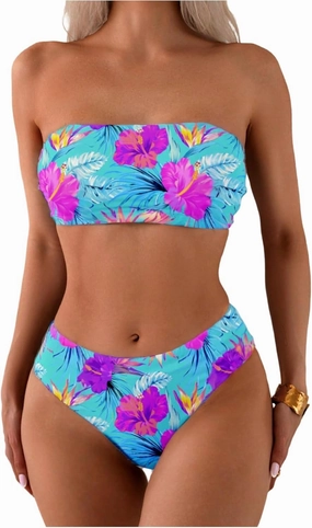 GORGLITTER Women's Strapless Bandeau Bikini Floral Tropical High Waisted Full Coverage Bathing Suits Swimsuit