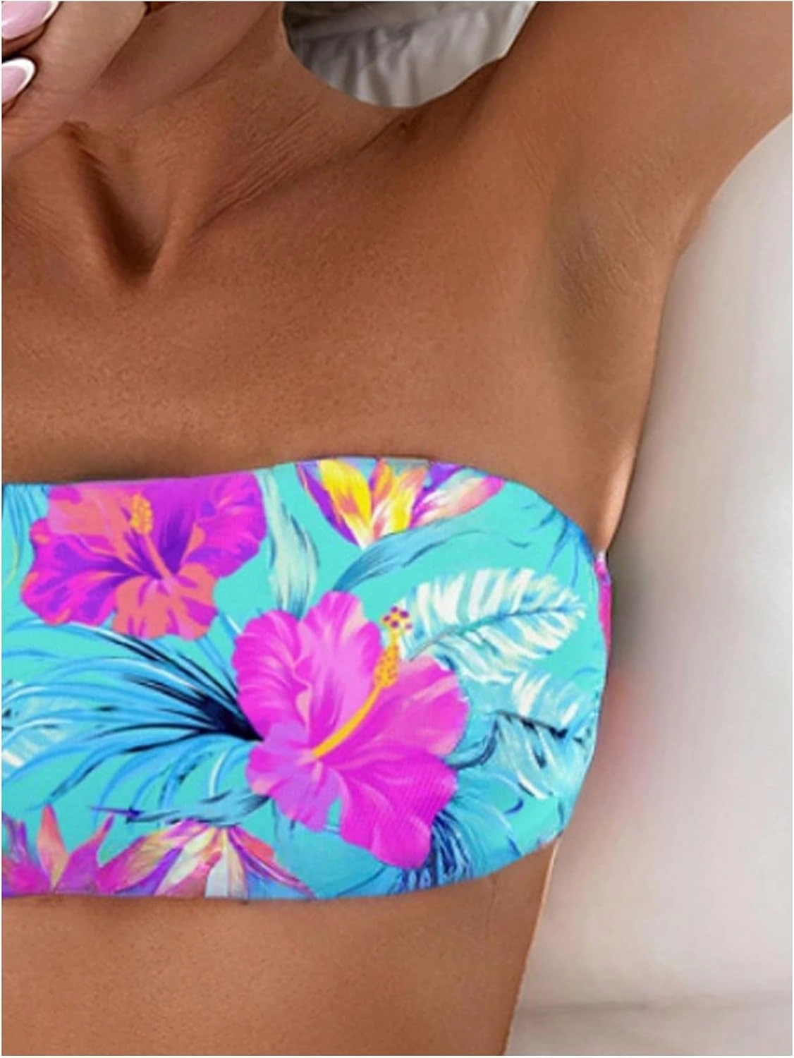 GORGLITTER Women's Strapless Bandeau Bikini Floral Tropical High Waisted Full Coverage Bathing Suits Swimsuit