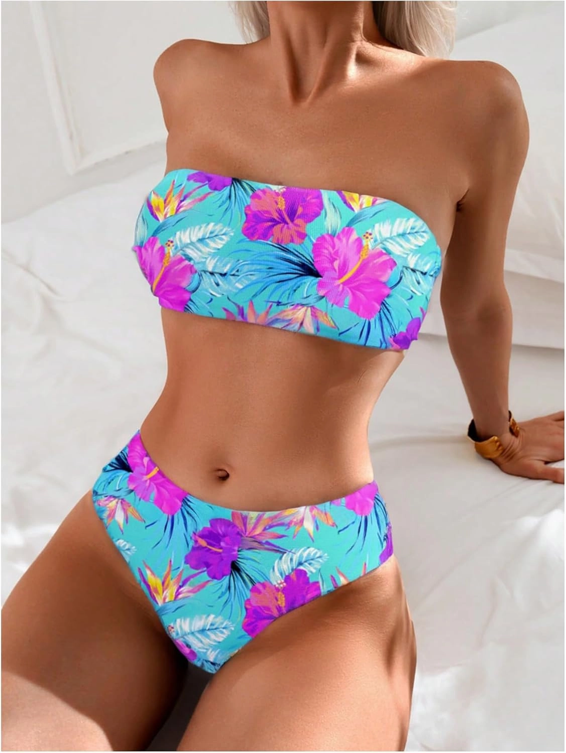 GORGLITTER Women's Strapless Bandeau Bikini Floral Tropical High Waisted Full Coverage Bathing Suits Swimsuit