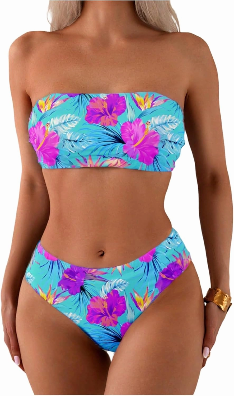 GORGLITTER Women's Strapless Bandeau Bikini Floral Tropical High Waisted Full Coverage Bathing Suits Swimsuit