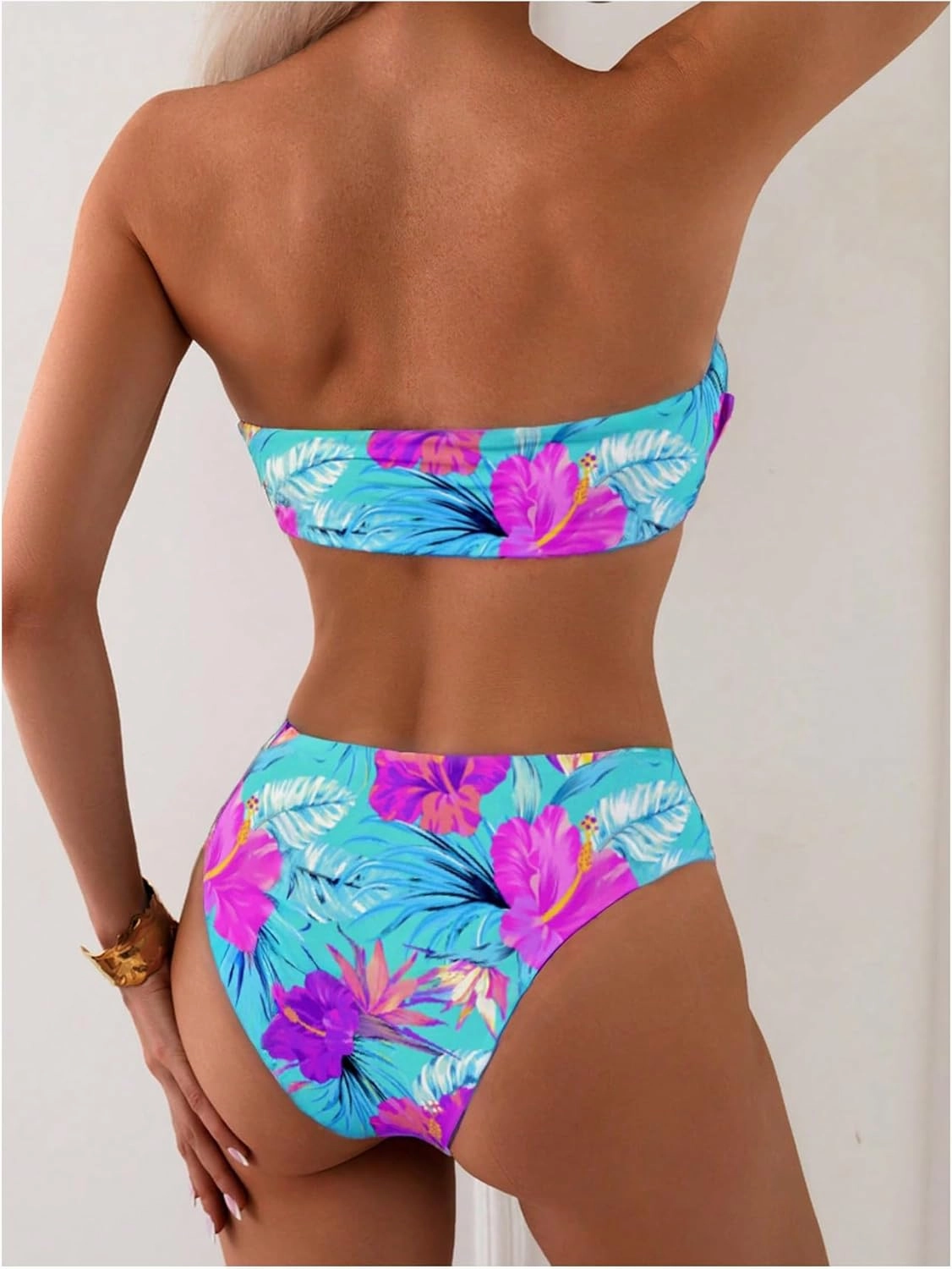 GORGLITTER Women's Strapless Bandeau Bikini Floral Tropical High Waisted Full Coverage Bathing Suits Swimsuit