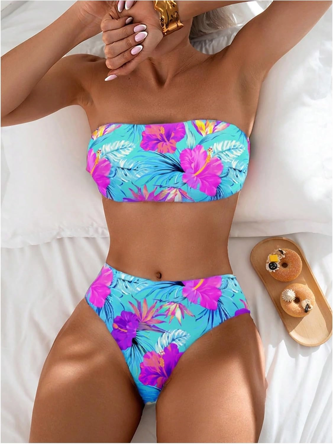 GORGLITTER Women's Strapless Bandeau Bikini Floral Tropical High Waisted Full Coverage Bathing Suits Swimsuit