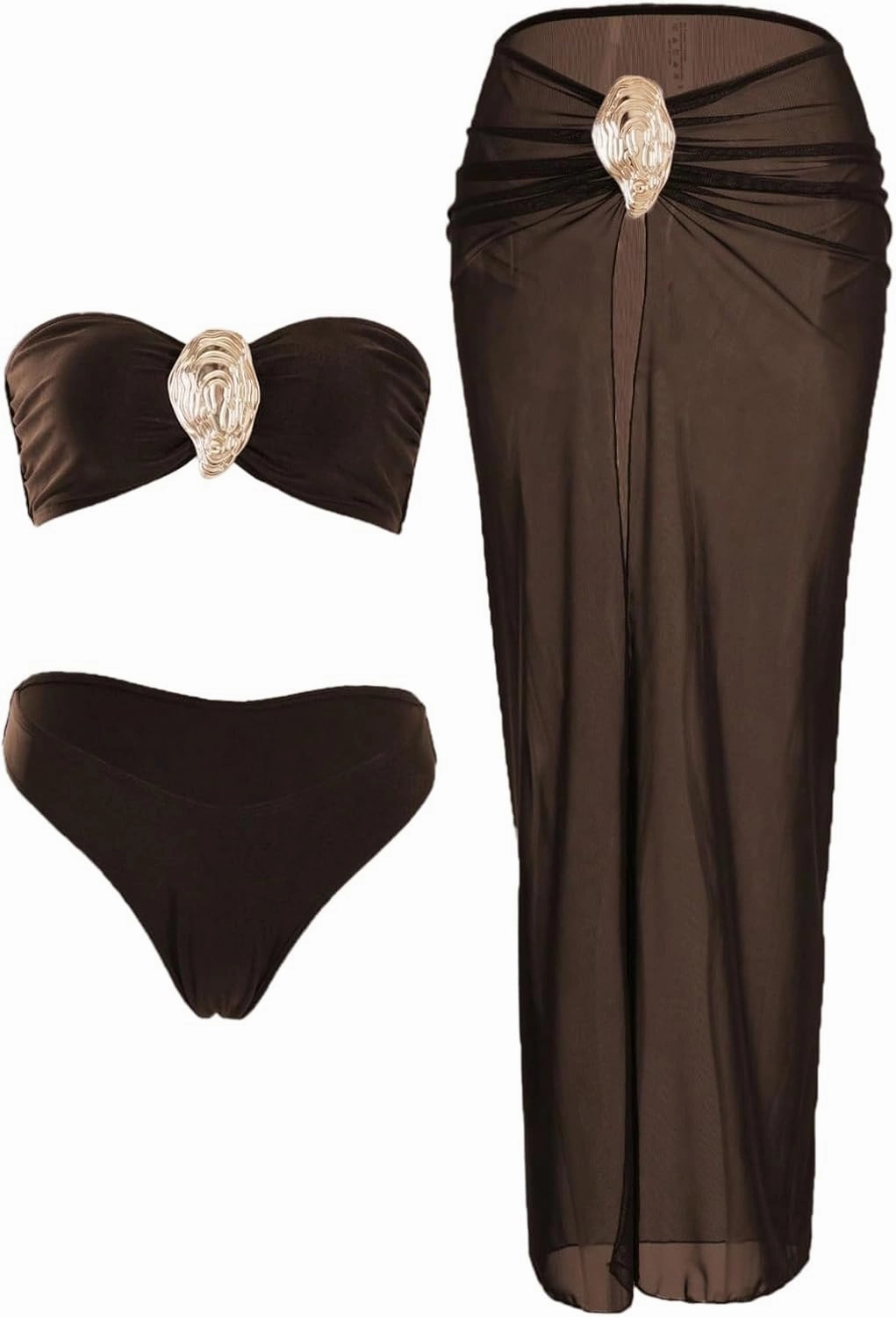 GORGLITTER Women's Strapless Bandeau Swimsuits High Waisted Bikini Sets with Metal Coverup Skirts 3 Piece Bathing Suits