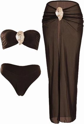GORGLITTER Women's Strapless Bandeau Swimsuits High Waisted Bikini Sets with Metal Coverup Skirts 3 Piece Bathing Suits