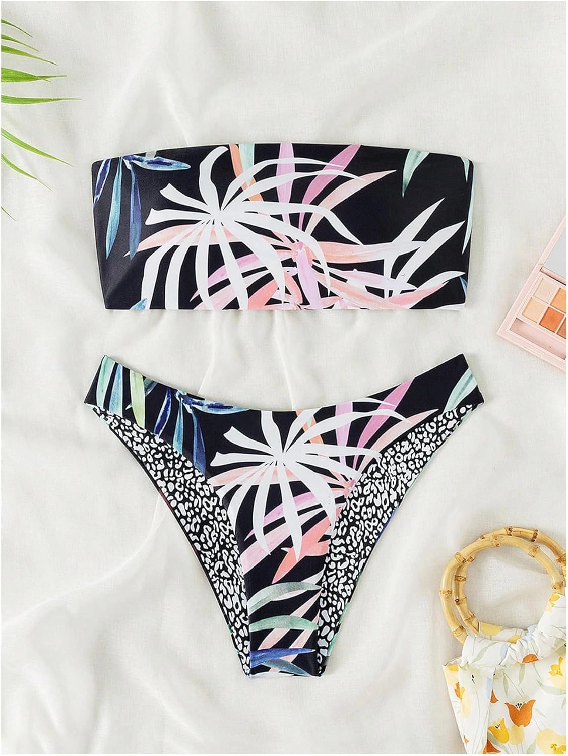 GORGLITTER Women's Strapless Bandeau Swimsuits Tropical High Cut Thong Cheeky Bikini Set Bathing Suit