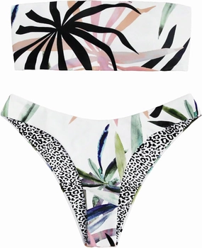 GORGLITTER Women's Strapless Bandeau Swimsuits Tropical High Cut Thong Cheeky Bikini Set Bathing Suit