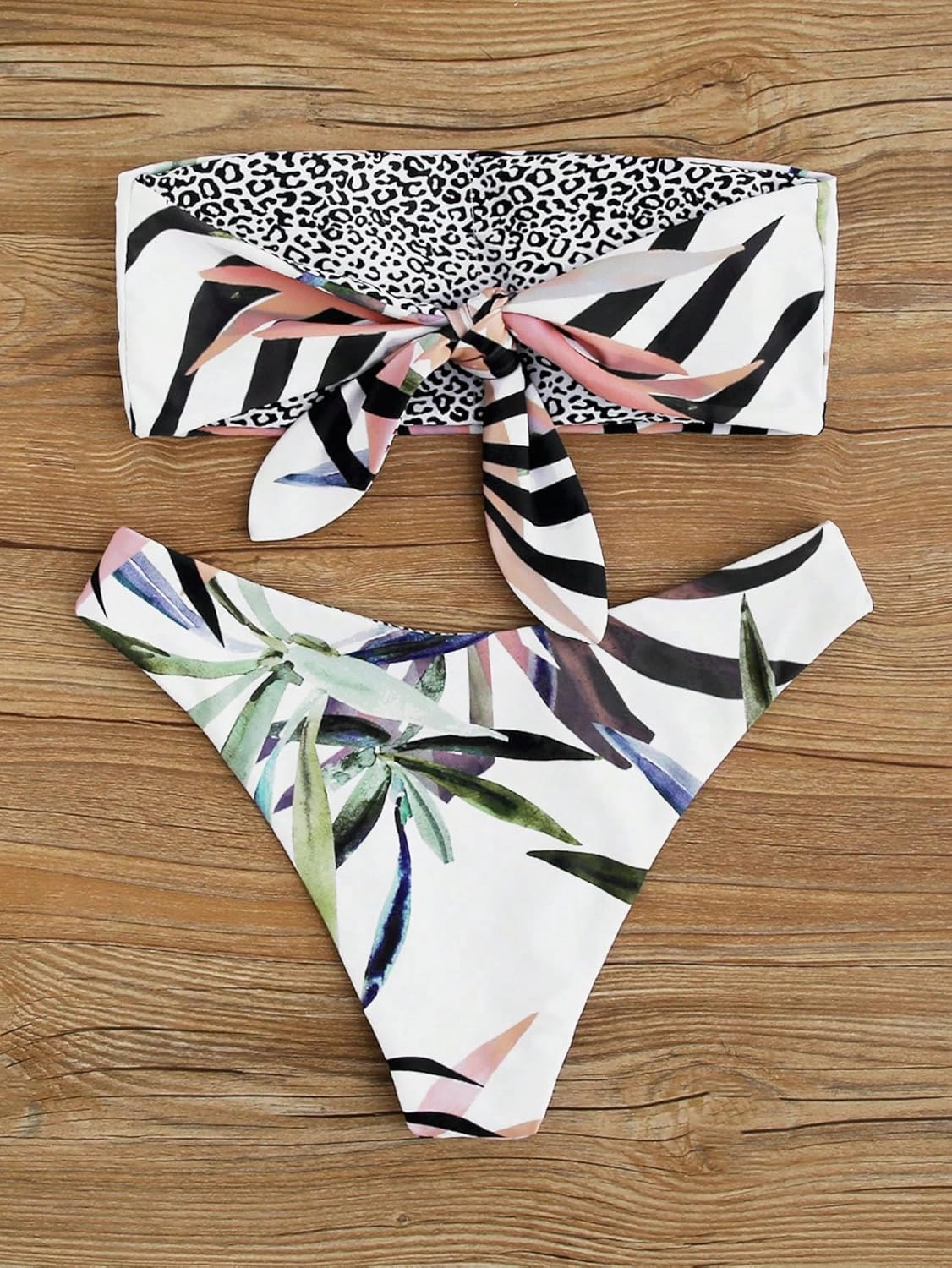 GORGLITTER Women's Strapless Bandeau Swimsuits Tropical High Cut Thong Cheeky Bikini Set Bathing Suit