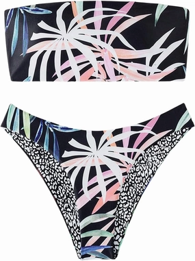 GORGLITTER Women's Strapless Bandeau Swimsuits Tropical High Cut Thong Cheeky Bikini Set Bathing Suit