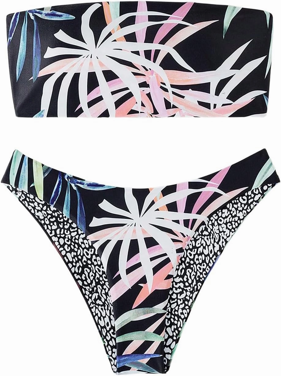 GORGLITTER Women's Strapless Bandeau Swimsuits Tropical High Cut Thong Cheeky Bikini Set Bathing Suit