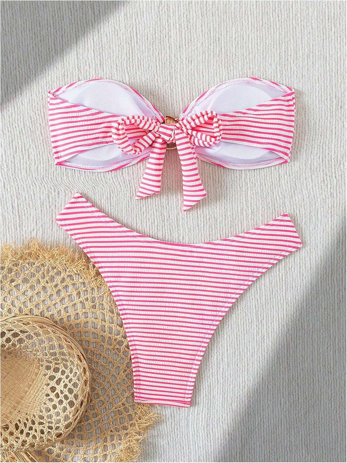 GORGLITTER Women's Striped Strapless Swimsuits Ring Linked Bandeau Bikini Set 2 Piece Bathing Suits