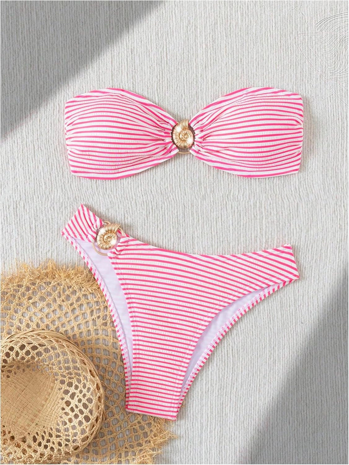 GORGLITTER Women's Striped Strapless Swimsuits Ring Linked Bandeau Bikini Set 2 Piece Bathing Suits