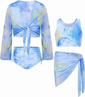 GRACE KARIN Girls Bathing Suit Adjustable Taniki Swimsuit Tie Front 4 Piece Bikini Set with Kimono Cover Up 6-14