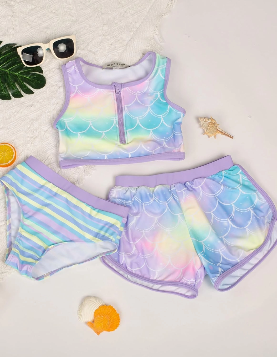 GRACE KARIN Girls Swimsuit 3 Piece Tankini Bathing Suit Set with Shorts Summer Beach Sport Swimwear 5-12Y