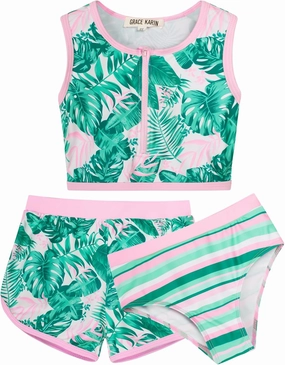 GRACE KARIN Girls Swimsuit 3 Piece Tankini Bathing Suit Set with Shorts Summer Beach Sport Swimwear 5-12Y