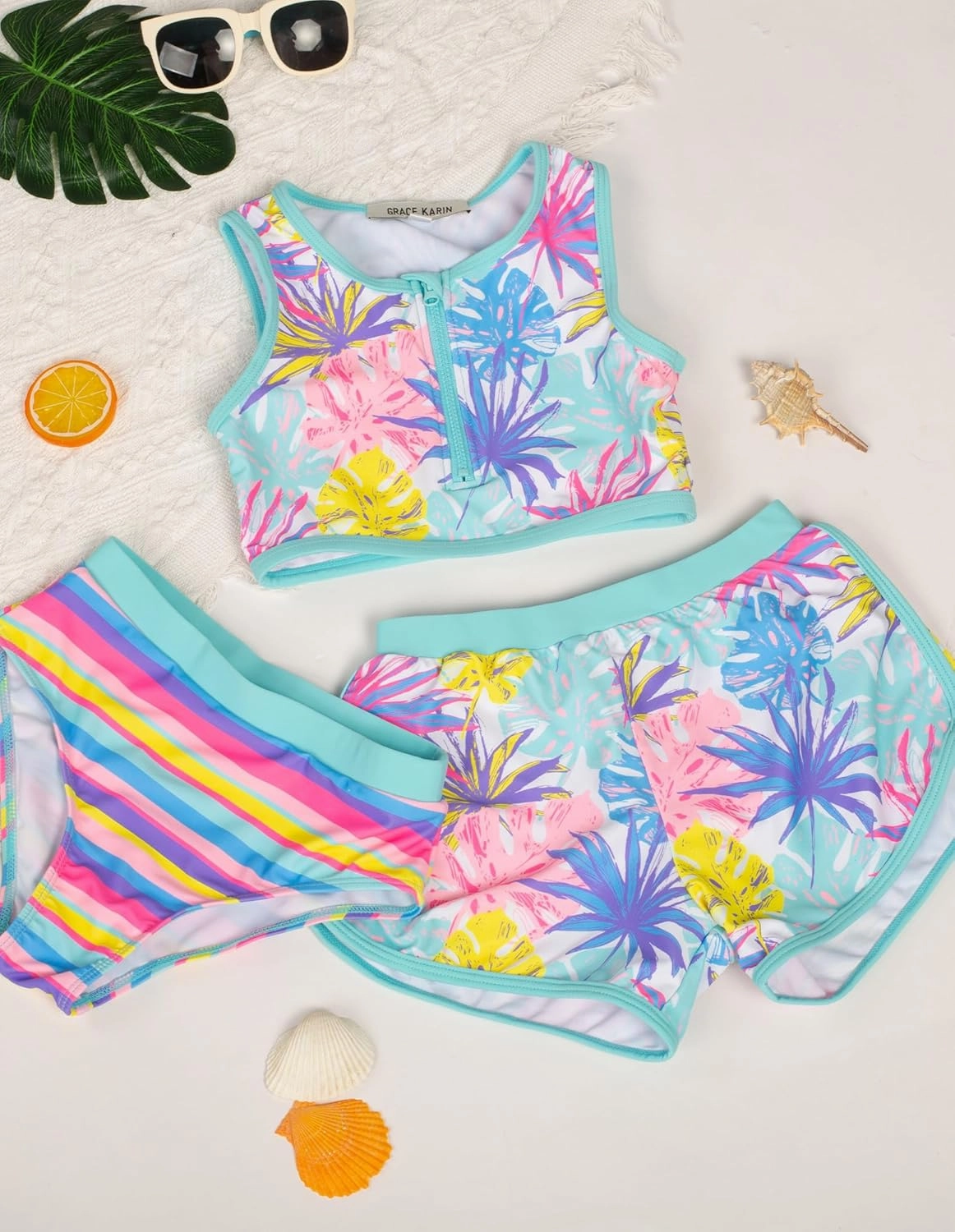 GRACE KARIN Girls Swimsuit 3 Piece Tankini Bathing Suit Set with Shorts Summer Beach Sport Swimwear 5-12Y