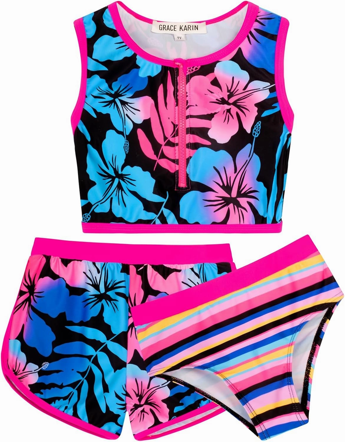 GRACE KARIN Girls Swimsuit 3 Piece Tankini Bathing Suit Set with Shorts Summer Beach Sport Swimwear 5-12Y