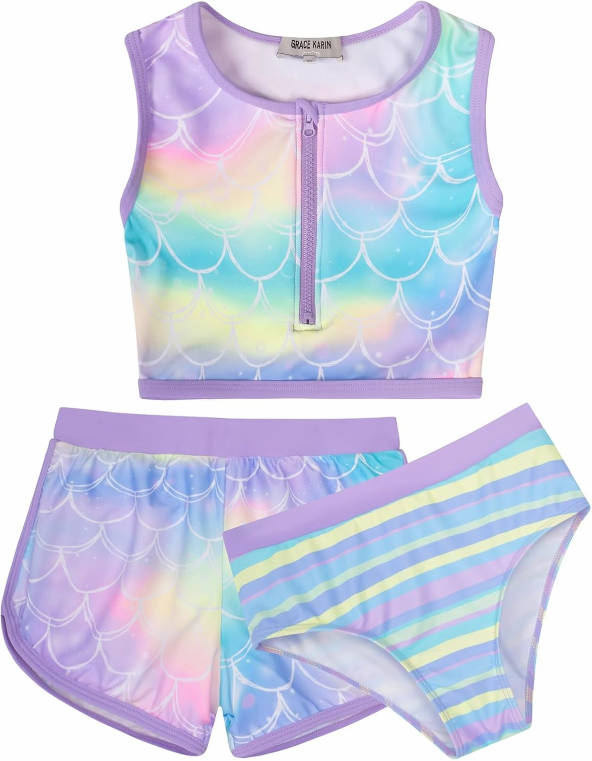 GRACE KARIN Girls Swimsuit 3 Piece Tankini Bathing Suit Set with Shorts Summer Beach Sport Swimwear 5-12Y
