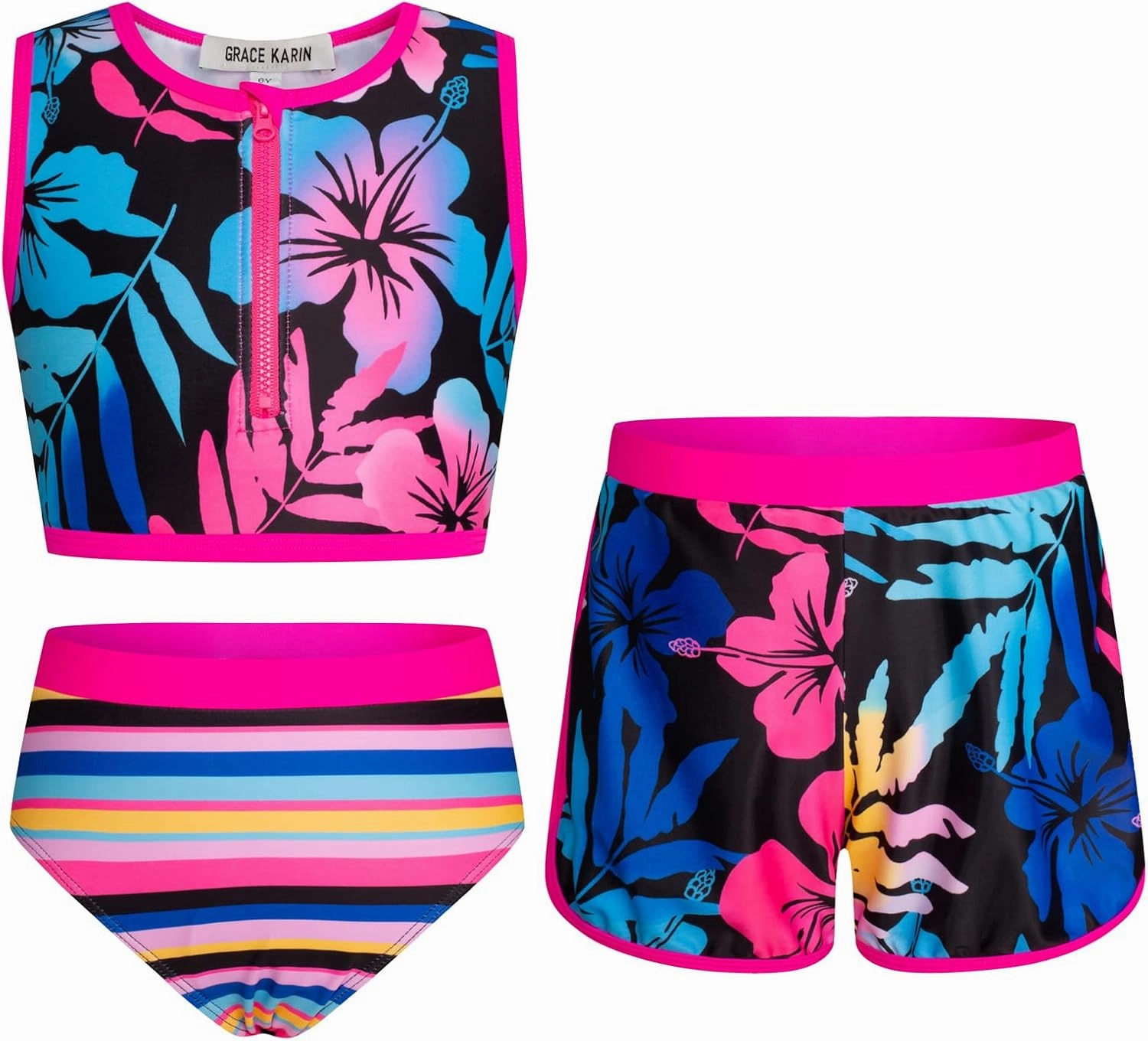 GRACE KARIN Girls Swimsuit 3 Piece Tankini Bathing Suit Set with Shorts Summer Beach Sport Swimwear 5-12Y