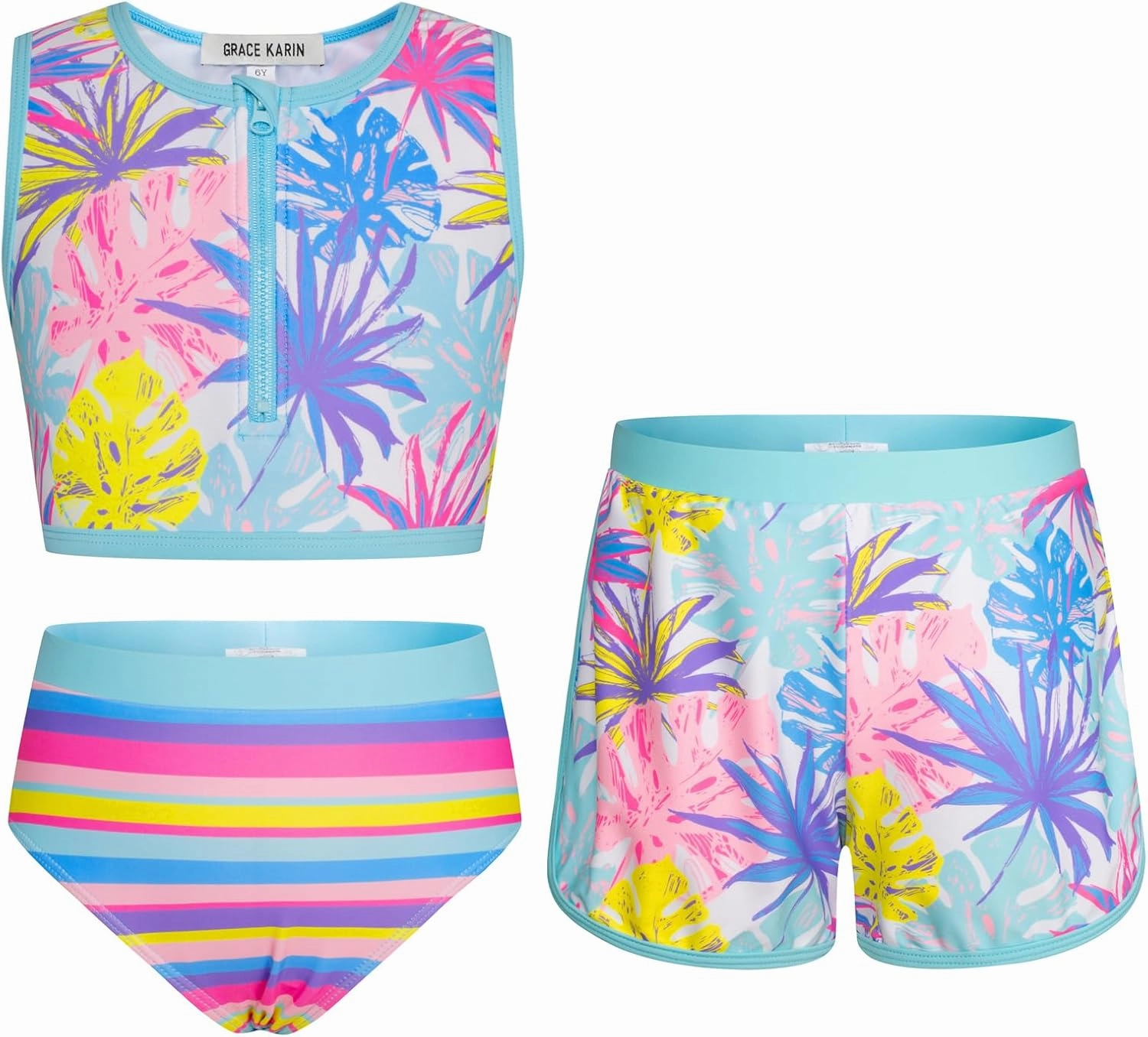 GRACE KARIN Girls Swimsuit 3 Piece Tankini Bathing Suit Set with Shorts Summer Beach Sport Swimwear 5-12Y