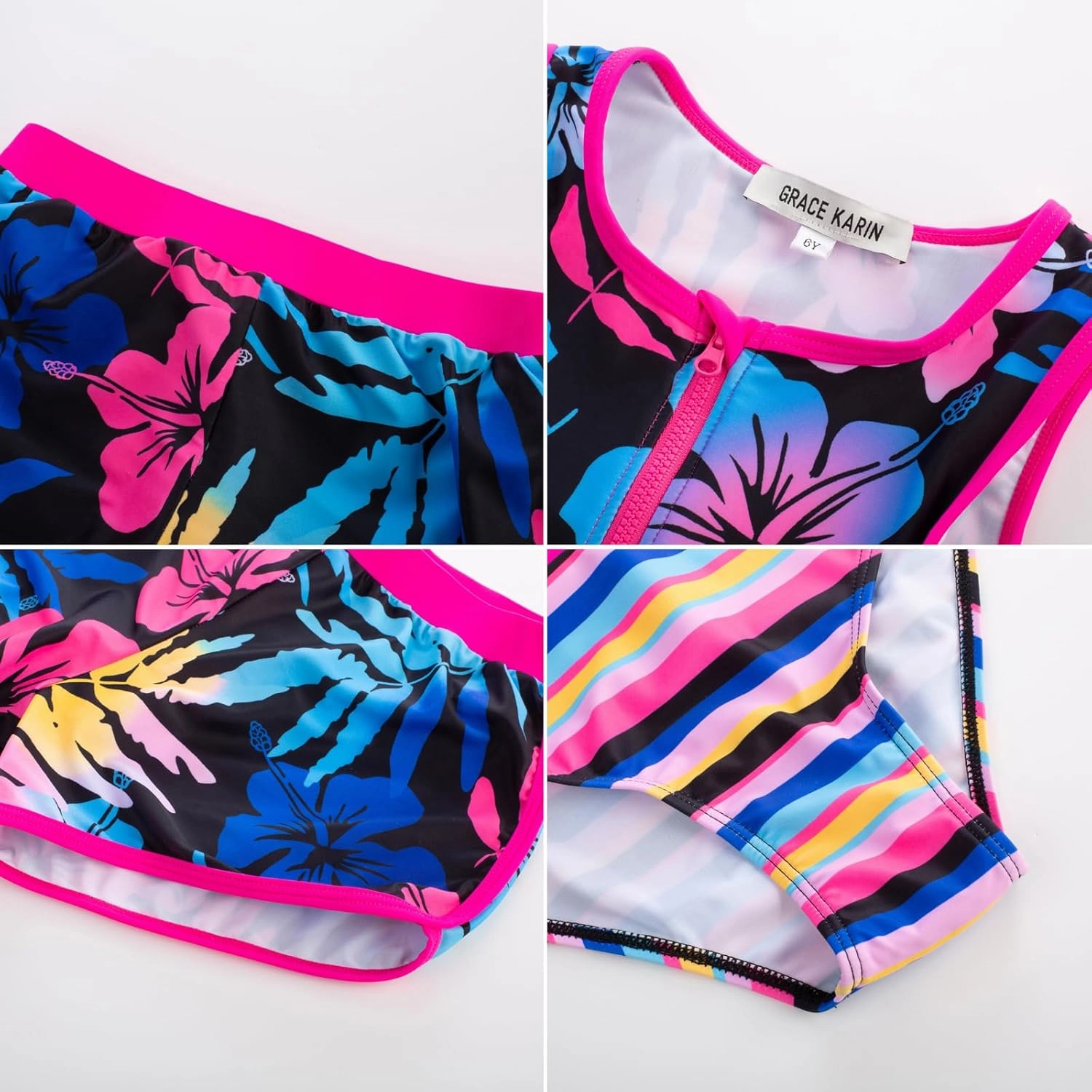 GRACE KARIN Girls Swimsuit 3 Piece Tankini Bathing Suit Set with Shorts Summer Beach Sport Swimwear 5-12Y