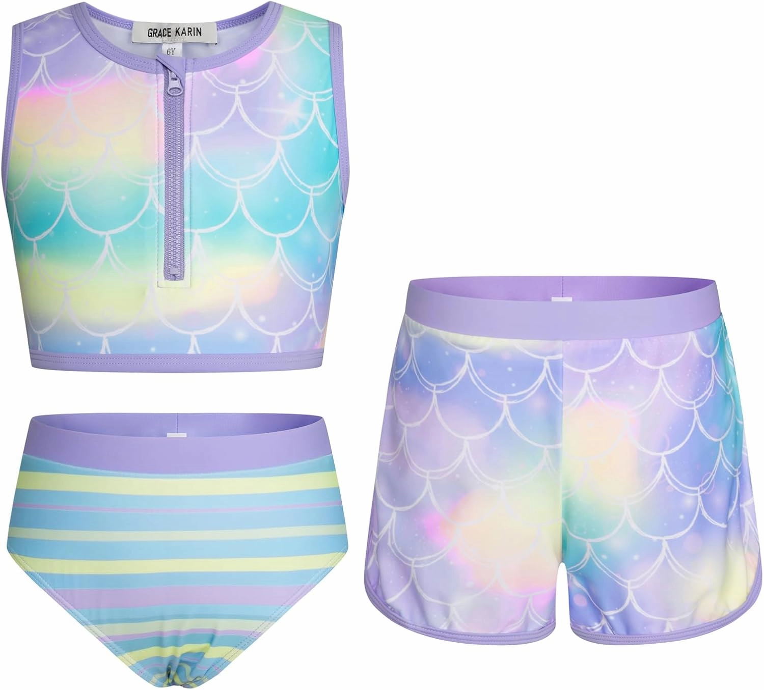 GRACE KARIN Girls Swimsuit 3 Piece Tankini Bathing Suit Set with Shorts Summer Beach Sport Swimwear 5-12Y