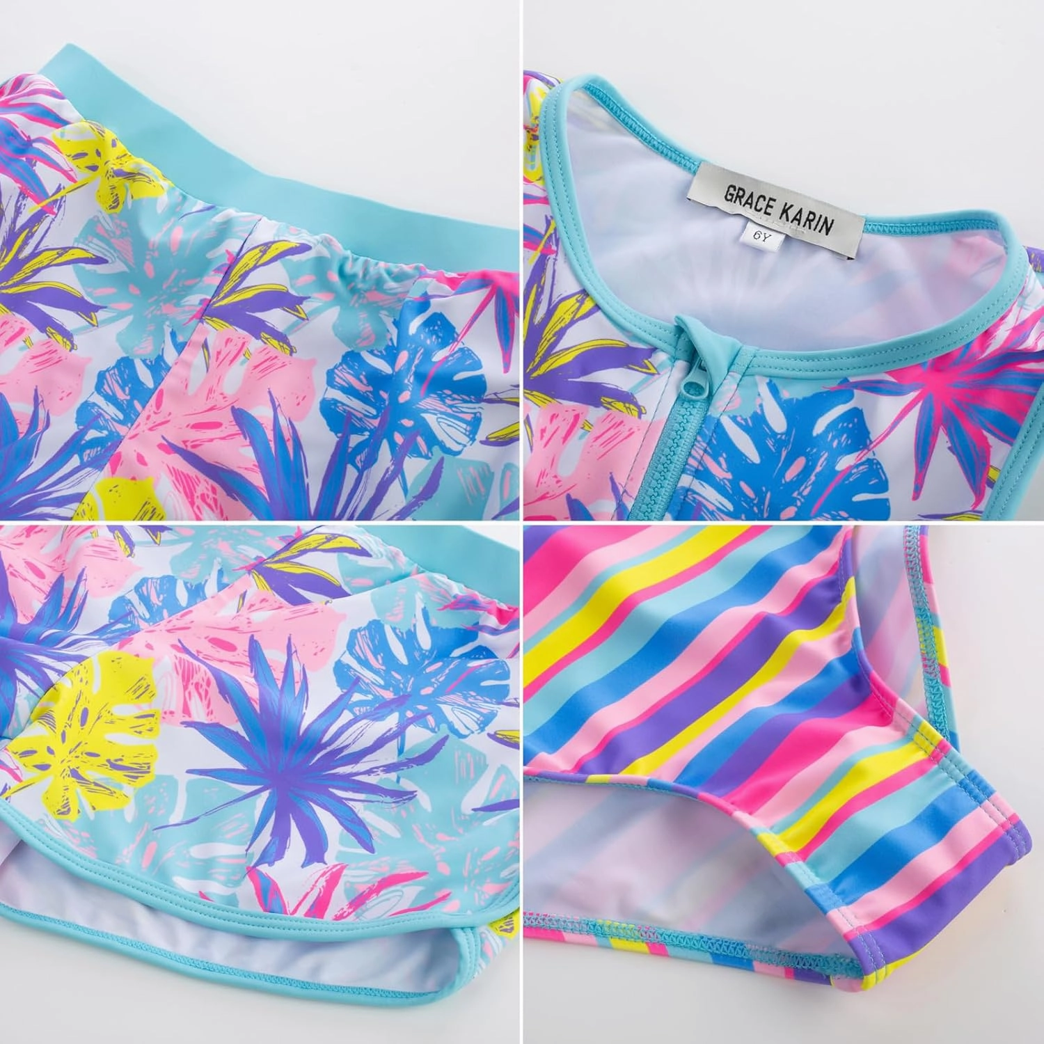 GRACE KARIN Girls Swimsuit 3 Piece Tankini Bathing Suit Set with Shorts Summer Beach Sport Swimwear 5-12Y