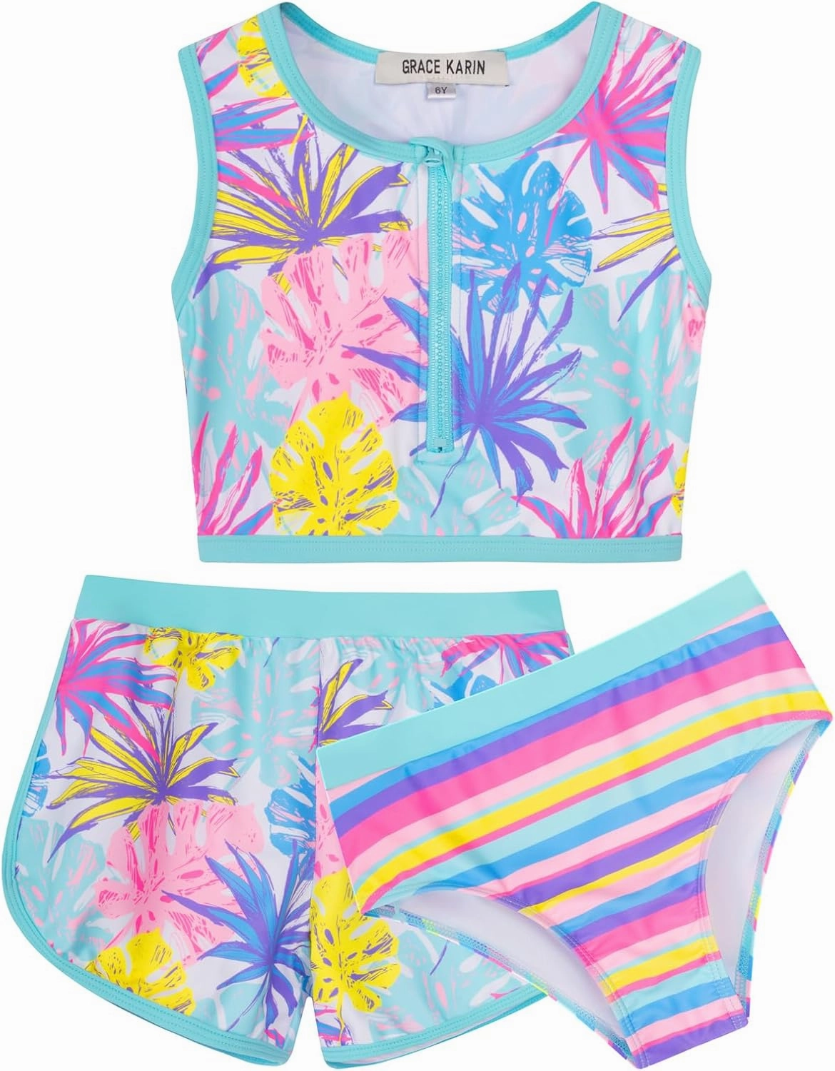 GRACE KARIN Girls Swimsuit 3 Piece Tankini Bathing Suit Set with Shorts Summer Beach Sport Swimwear 5-12Y