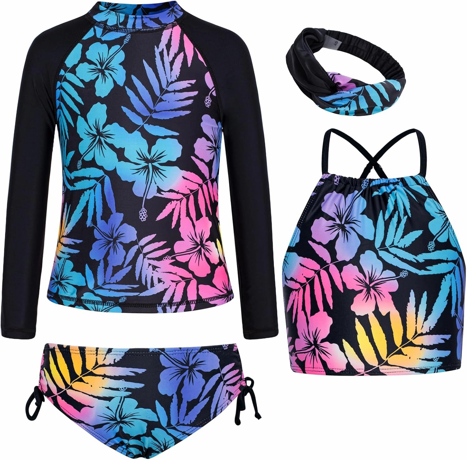 GRACE KARIN Girls Swimsuit Tankini Set Rash Guard Long Sleeve Swimsuit 4 Piece Bathing Suit Swimwear 5-14Y