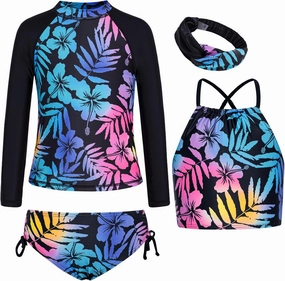 GRACE KARIN Girls Swimsuit Tankini Set Rash Guard Long Sleeve Swimsuit 4 Piece Bathing Suit Swimwear 5-14Y