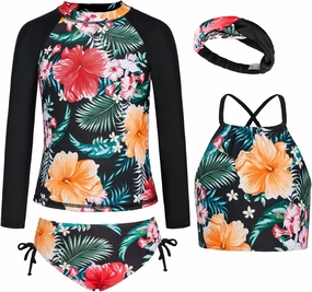 GRACE KARIN Girls Swimsuit Tankini Set Rash Guard Long Sleeve Swimsuit 4 Piece Bathing Suit Swimwear 5-14Y