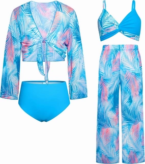 GRACE KARIN Teen Girls Bathing Suits Kids 4 Piece Long Sleeve Swimsuit Kimono Up Pants Bikini Tankini Set Swimwear