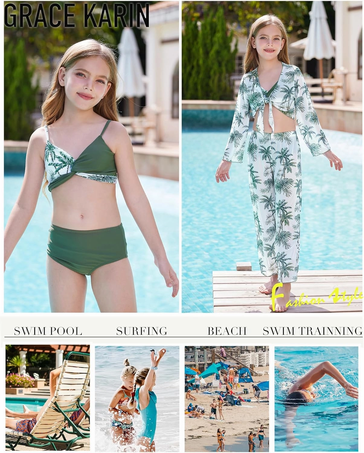 GRACE KARIN Teen Girls Bathing Suits Kids 4 Piece Long Sleeve Swimsuit Kimono Up Pants Bikini Tankini Set Swimwear