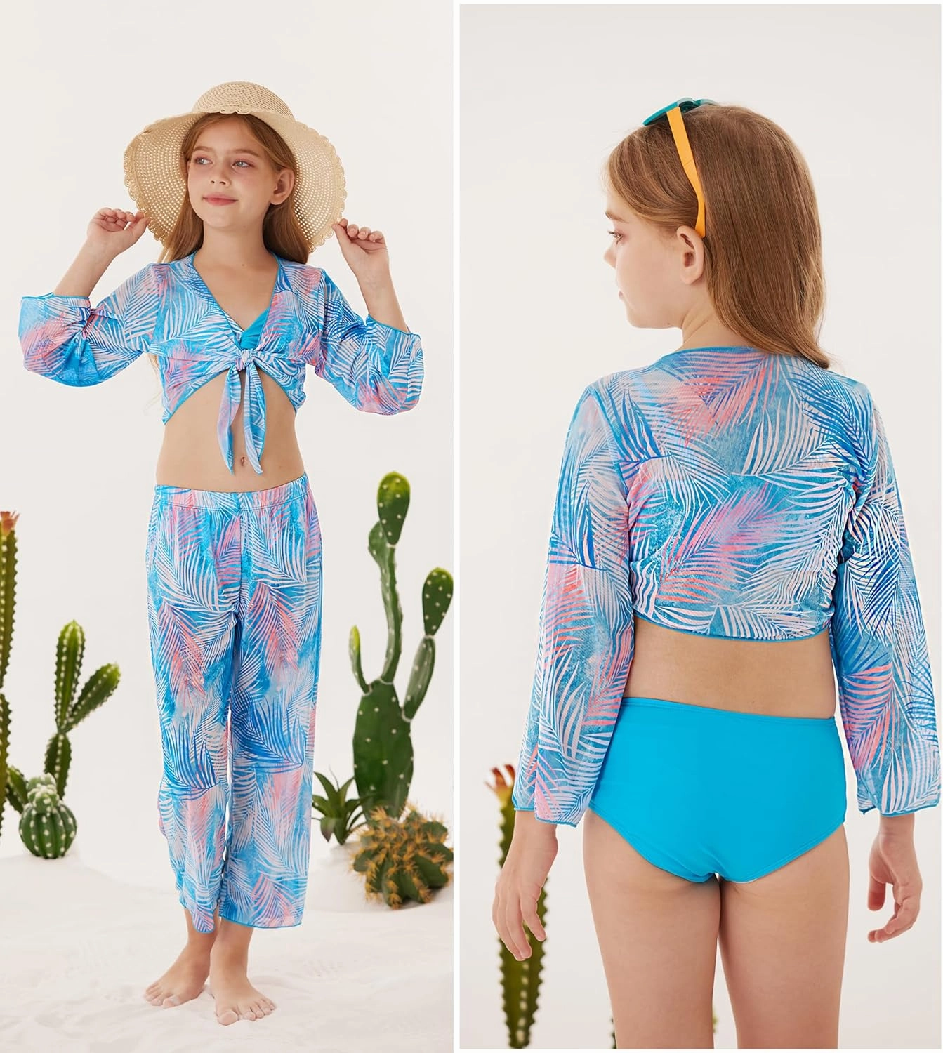 GRACE KARIN Teen Girls Bathing Suits Kids 4 Piece Long Sleeve Swimsuit Kimono Up Pants Bikini Tankini Set Swimwear