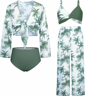 GRACE KARIN Teen Girls Bathing Suits Kids 4 Piece Long Sleeve Swimsuit Kimono Up Pants Bikini Tankini Set Swimwear